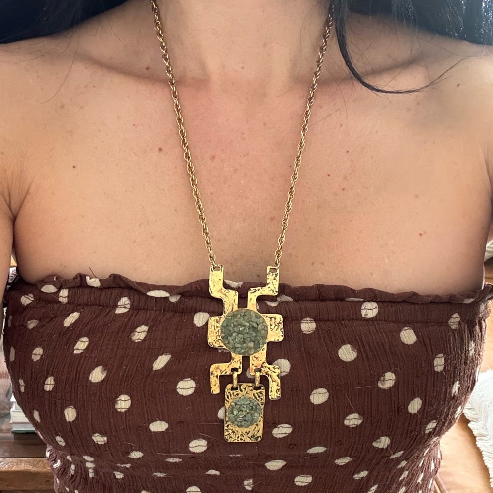 Vintage gold -Tone tribal Pendant Statement Necklace with Turquoise Inlay